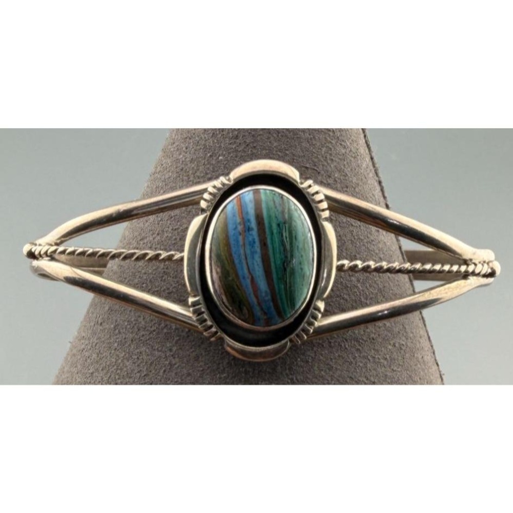 Vintage Navajo Cuff Bracelet Sterling Silver Leonard Nez Signed Calsilica Stone